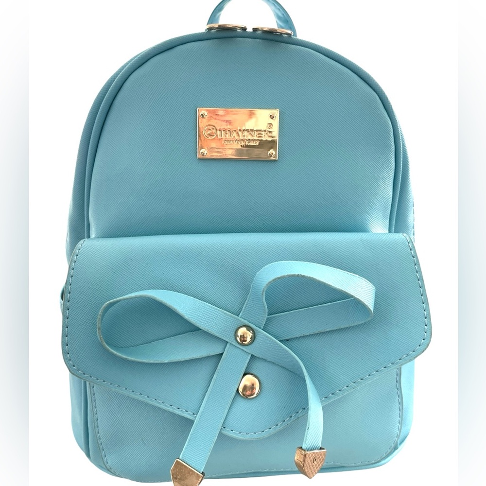Sky Blue Leather Mini Backpack with Bow - Picture 7 of 10